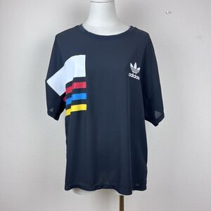 Adidas Shirt Womens Medium Chiffon Boxy Rainbow Top Trefoil Stripe Crepe Black